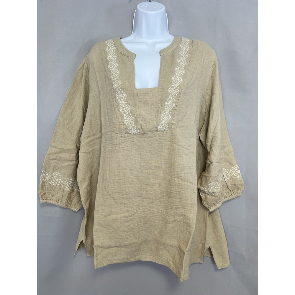 National Women's Beige Embroidered Tunic 100% Cotton Sz 2X New